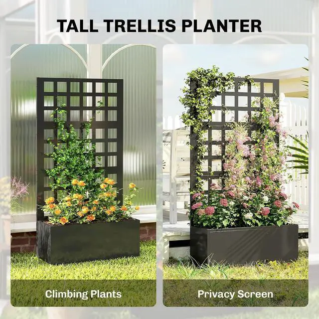 Alt view image 4 of 7 - Galvanized Raised Garden Bedw/Trellis 24"x9"x44.5" Black | Metal Planter Box with Drainage Holes, Outdoor Privacy Screen, Planter with Trellis, Climbing Plants, Vegetable, Vines