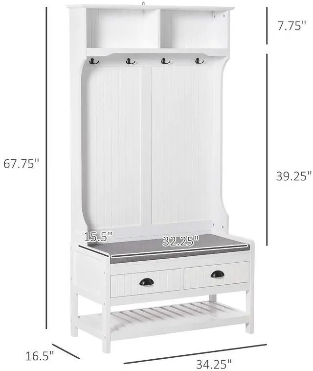 Alt view image 7 of 7 - 3-in-1 Hall Tree Entryway Bench Coat Rack 2 Storage Drawers, White | Mudroom Bench with Shoe Rack, 4 Hooks, Padded Seat Cushions, for Hallway
