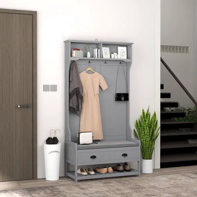 Main image of 3-in-1 Hall Tree Entryway Bench Coat Rack 2 Storage Drawers, Gray | Mudroom Bench with Shoe Rack, 4 Hooks, Padded Seat Cushions, for Hallway