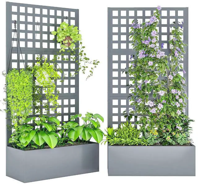 Main image of Galvanized Raised Garden Bed with Trellis, 35"x16"x70" | Metal Planter Box, Drainage Holes, Outdoor Privacy Screen, Climbing Plants, Vegetable, Vines, 2 Pack, Gray Wood Effect
