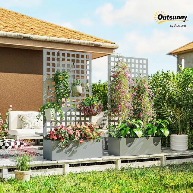 Alt view image 2 of 7 - Galvanized Raised Garden Bed with Trellis, 35"x16"x70" | Metal Planter Box, Drainage Holes, Outdoor Privacy Screen, Climbing Plants, Vegetable, Vines, 2 Pack, Gray Wood Effect