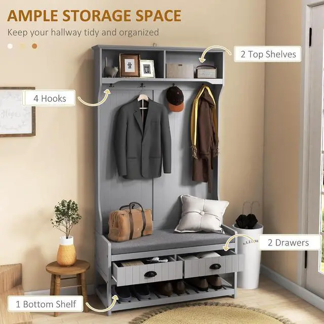 Alt view image 3 of 7 - 3-in-1 Hall Tree Entryway Bench Coat Rack 2 Storage Drawers, Gray | Mudroom Bench with Shoe Rack, 4 Hooks, Padded Seat Cushions, for Hallway