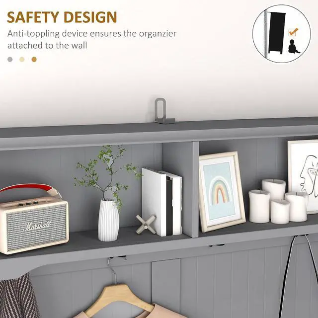 Alt view image 4 of 7 - 3-in-1 Hall Tree Entryway Bench Coat Rack 2 Storage Drawers, Gray | Mudroom Bench with Shoe Rack, 4 Hooks, Padded Seat Cushions, for Hallway
