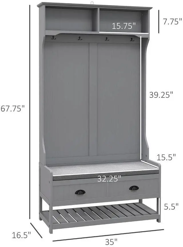 Alt view image 7 of 7 - 3-in-1 Hall Tree Entryway Bench Coat Rack 2 Storage Drawers, Gray | Mudroom Bench with Shoe Rack, 4 Hooks, Padded Seat Cushions, for Hallway
