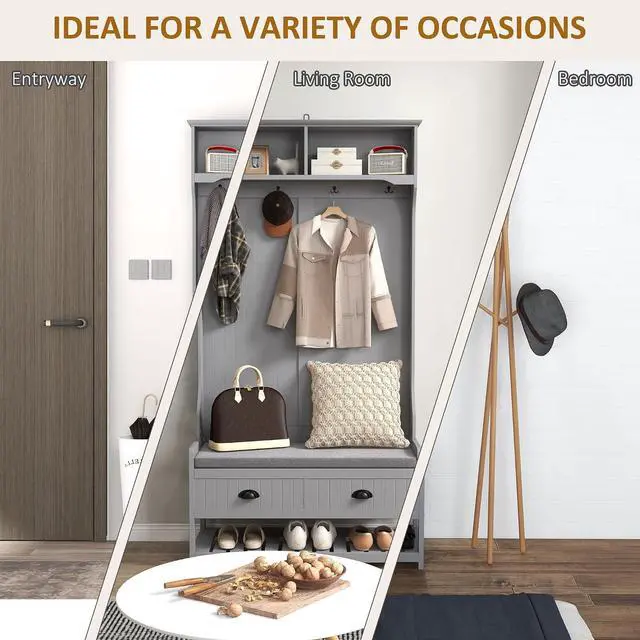 Alt view image 5 of 7 - 3-in-1 Hall Tree Entryway Bench Coat Rack 2 Storage Drawers, Gray | Mudroom Bench with Shoe Rack, 4 Hooks, Padded Seat Cushions, for Hallway
