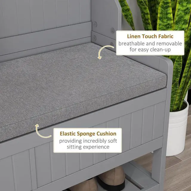 Alt view image 6 of 7 - 3-in-1 Hall Tree Entryway Bench Coat Rack 2 Storage Drawers, Gray | Mudroom Bench with Shoe Rack, 4 Hooks, Padded Seat Cushions, for Hallway