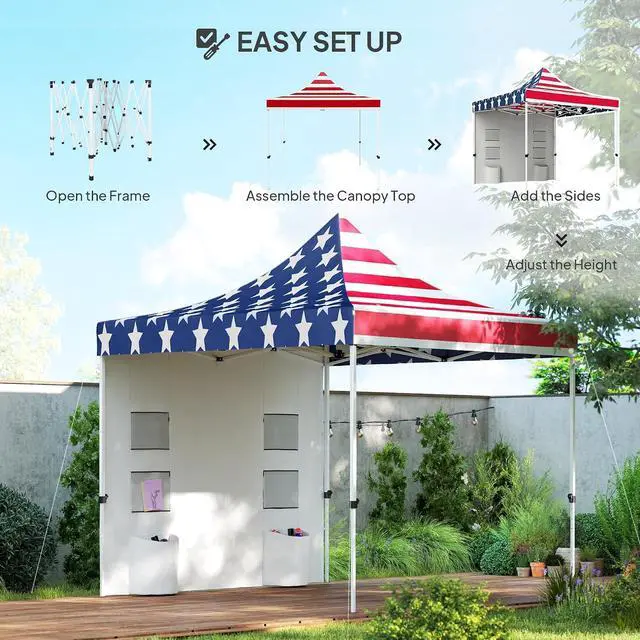 Alt view image 6 of 7 - 10' x 10' Heavy Duty Pop Up Canopy Tent UPF50+ American Flag Print | Sidewall, Trash Bags, Instant Sun Shelter, Height Adjustable, Wheeled Bag, Sand Bags, Outdoor Patio