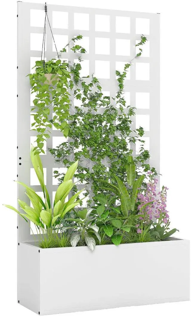 Main image of Galvanized Raised Garden Bedw/Trellis 24"x9"x44.5" White | Metal Planter Box with Drainage Holes, Outdoor Privacy Screen, Planter with Trellis, Climbing Plants, Vegetable, Vines