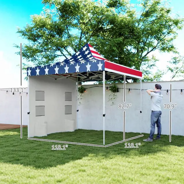 Alt view image 7 of 7 - 10' x 10' Heavy Duty Pop Up Canopy Tent UPF50+ American Flag Print | Sidewall, Trash Bags, Instant Sun Shelter, Height Adjustable, Wheeled Bag, Sand Bags, Outdoor Patio
