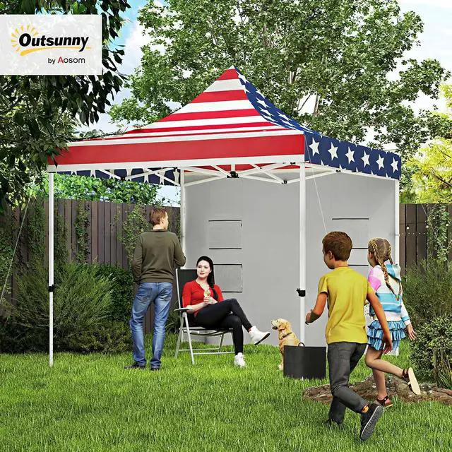 Alt view image 2 of 7 - 10' x 10' Heavy Duty Pop Up Canopy Tent UPF50+ American Flag Print | Sidewall, Trash Bags, Instant Sun Shelter, Height Adjustable, Wheeled Bag, Sand Bags, Outdoor Patio