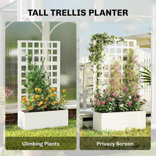 Alt view image 4 of 7 - Galvanized Raised Garden Bedw/Trellis 24"x9"x44.5" White | Metal Planter Box with Drainage Holes, Outdoor Privacy Screen, Planter with Trellis, Climbing Plants, Vegetable, Vines