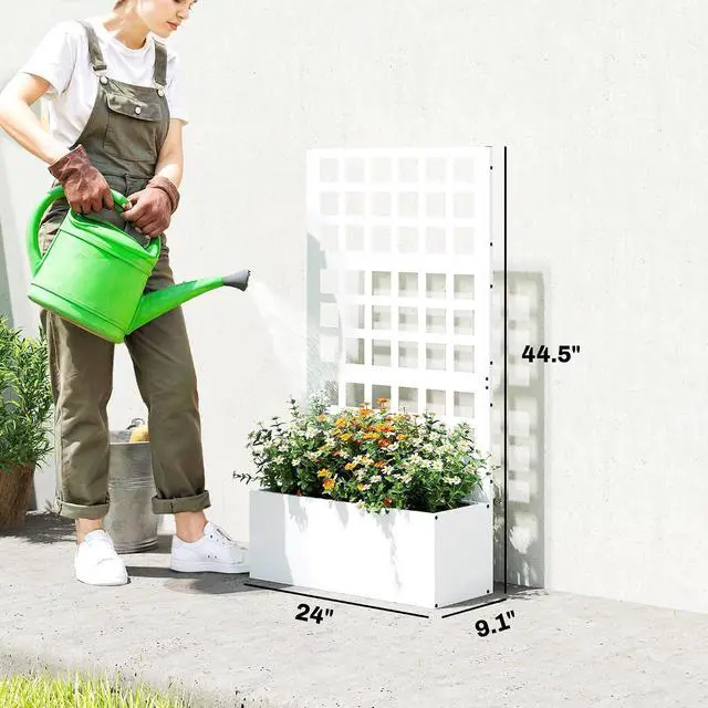 Alt view image 7 of 7 - Galvanized Raised Garden Bedw/Trellis 24"x9"x44.5" White | Metal Planter Box with Drainage Holes, Outdoor Privacy Screen, Planter with Trellis, Climbing Plants, Vegetable, Vines