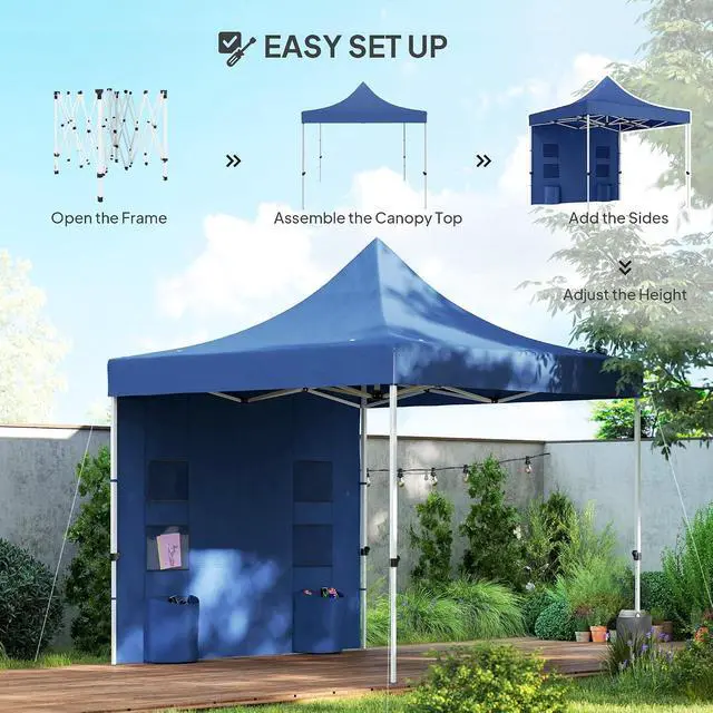 Alt view image 6 of 7 - 10' x 10' Heavy Duty Pop Up Canopy Tent UPF50+ Dark Blue | Sidewall, Trash Bags, Instant Sun Shelter, Height Adjustable, Wheeled Bag, Sand Bags, Outdoor Patio
