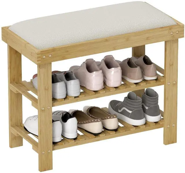 Main image of Small Bamboo Shoe Bench 3-Tier Storage 23.6" x 11.4" x 19.3" Natural | Entryway Bench with Cushion, Shoe Organizer, for Entryway Hallway, Holds Up to 331 lbs