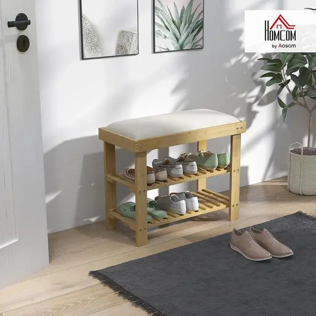 Alt view image 2 of 7 - Small Bamboo Shoe Bench 3-Tier Storage 23.6" x 11.4" x 19.3" Natural | Entryway Bench with Cushion, Shoe Organizer, for Entryway Hallway, Holds Up to 331 lbs