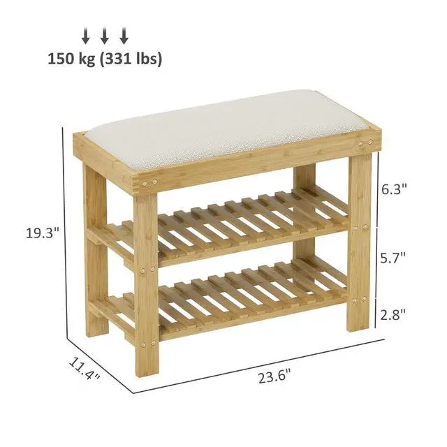 Alt view image 3 of 7 - Small Bamboo Shoe Bench 3-Tier Storage 23.6" x 11.4" x 19.3" Natural | Entryway Bench with Cushion, Shoe Organizer, for Entryway Hallway, Holds Up to 331 lbs