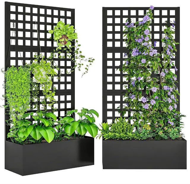 Main image of Galvanized Raised Garden Bed with Trellis, 35"x16"x70" Black | Metal Planter Box with Drainage Holes, Outdoor Privacy Screen for Climbing Plants, Vegetable, Vines, 2 Pack