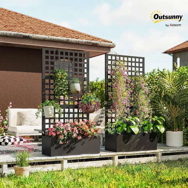 Alt view image 2 of 7 - Galvanized Raised Garden Bed with Trellis, 35"x16"x70" Black | Metal Planter Box with Drainage Holes, Outdoor Privacy Screen for Climbing Plants, Vegetable, Vines, 2 Pack