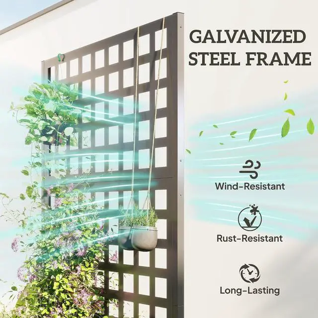 Alt view image 3 of 7 - Galvanized Raised Garden Bed with Trellis, 35"x16"x70" | Metal Planter Box, Drainage Holes, Outdoor Privacy Screen, Climbing Plants, Vegetable, Vines, 2 Pack, Gray Wood Effect