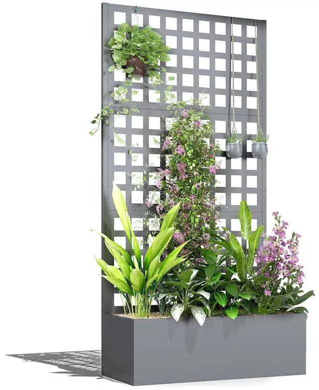 Main image of Galvanized Raised Garden Bedw/Trellis 35"x16"x70" Gray Wood Effect | Metal Planter Box with Drainage Holes, Outdoor Privacy Screen, Planter with Trellis, Climbing Plants, Vegetable, Vines