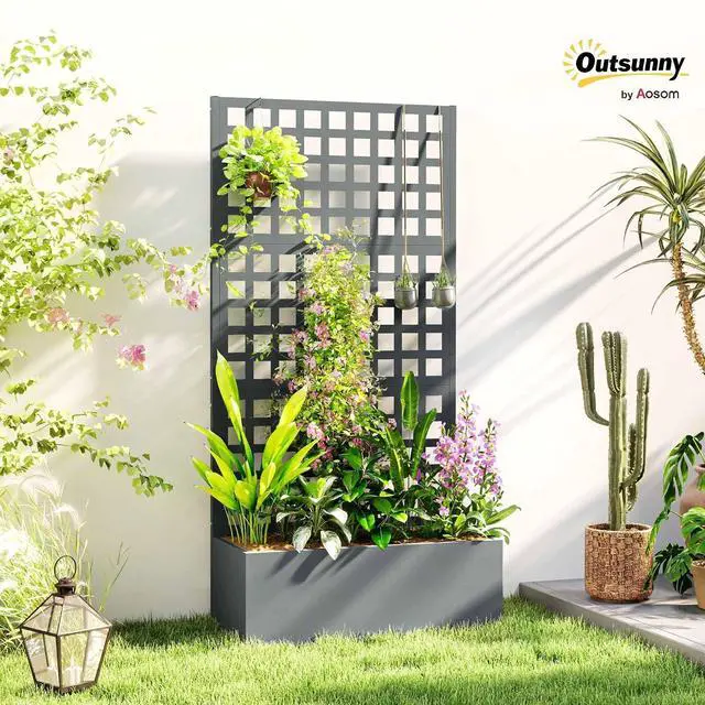 Alt view image 2 of 7 - Galvanized Raised Garden Bedw/Trellis 35"x16"x70" Gray Wood Effect | Metal Planter Box with Drainage Holes, Outdoor Privacy Screen, Planter with Trellis, Climbing Plants, Vegetable, Vines