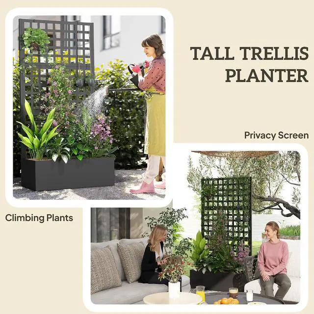 Alt view image 4 of 7 - Galvanized Raised Garden Bed with Trellis, 35"x16"x70" Black | Metal Planter Box with Drainage Holes, Outdoor Privacy Screen for Climbing Plants, Vegetable, Vines, 2 Pack