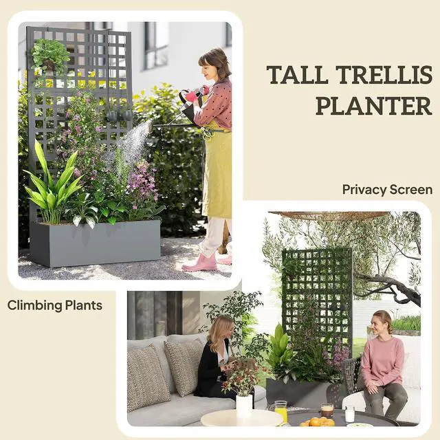 Alt view image 4 of 7 - Galvanized Raised Garden Bed with Trellis, 35"x16"x70" | Metal Planter Box, Drainage Holes, Outdoor Privacy Screen, Climbing Plants, Vegetable, Vines, 2 Pack, Gray Wood Effect