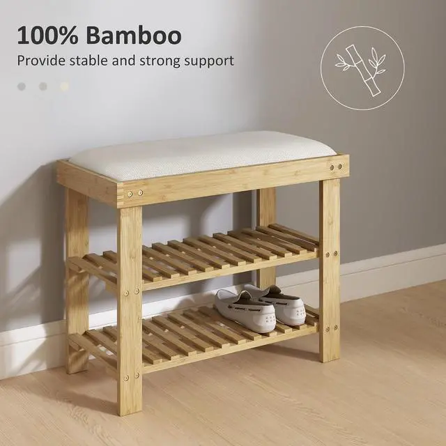 Alt view image 6 of 7 - Small Bamboo Shoe Bench 3-Tier Storage 23.6" x 11.4" x 19.3" Natural | Entryway Bench with Cushion, Shoe Organizer, for Entryway Hallway, Holds Up to 331 lbs