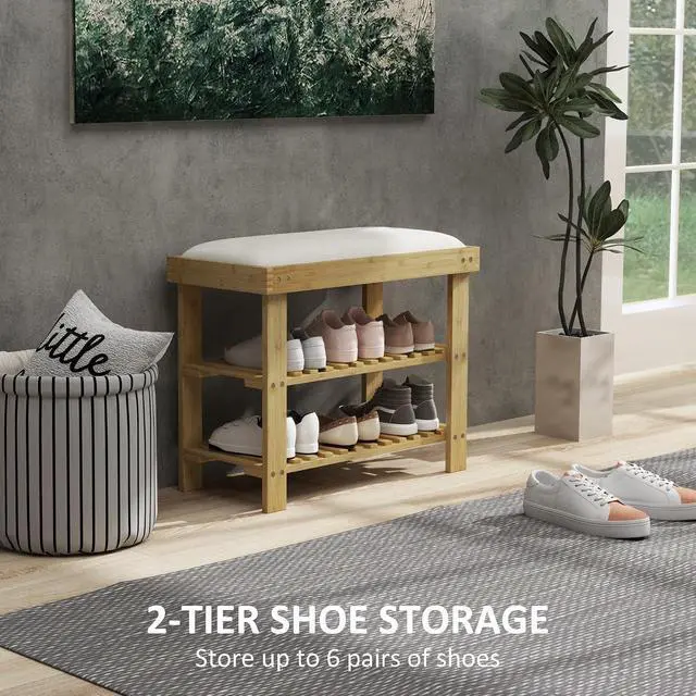 Alt view image 5 of 7 - Small Bamboo Shoe Bench 3-Tier Storage 23.6" x 11.4" x 19.3" Natural | Entryway Bench with Cushion, Shoe Organizer, for Entryway Hallway, Holds Up to 331 lbs