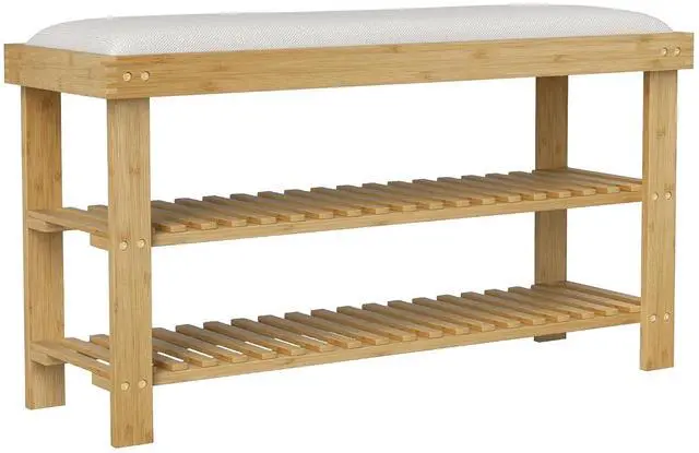 Main image of Small Bamboo Shoe Bench 3-Tier Storage 35.4" x 11.4" x 19.3" Natural | Entryway Bench with Cushion, Shoe Organizer, for Entryway Hallway, Holds Up to 331 lbs