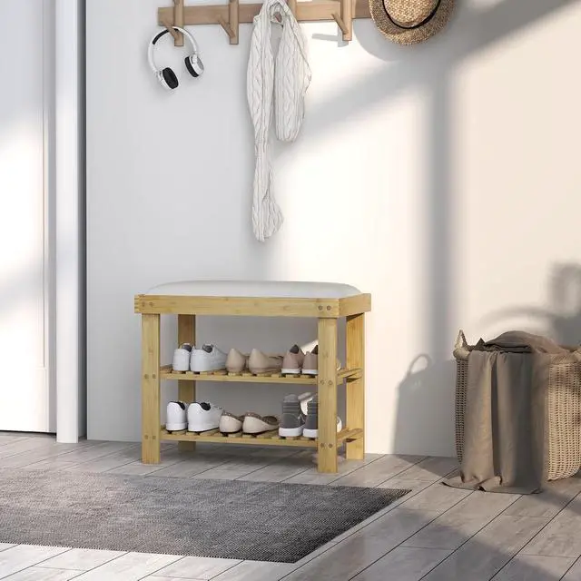 Alt view image 7 of 7 - Small Bamboo Shoe Bench 3-Tier Storage 23.6" x 11.4" x 19.3" Natural | Entryway Bench with Cushion, Shoe Organizer, for Entryway Hallway, Holds Up to 331 lbs