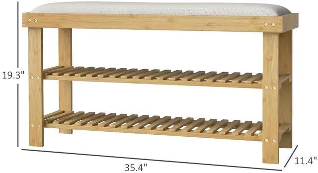 Alt view image 3 of 7 - Small Bamboo Shoe Bench 3-Tier Storage 35.4" x 11.4" x 19.3" Natural | Entryway Bench with Cushion, Shoe Organizer, for Entryway Hallway, Holds Up to 331 lbs