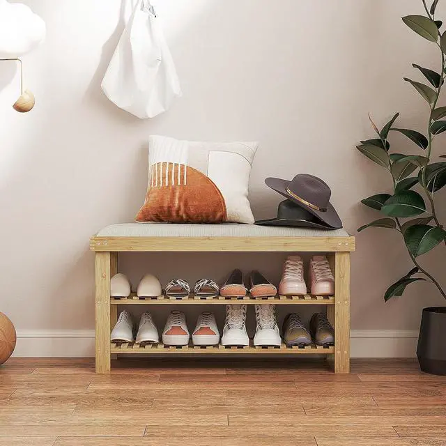 Alt view image 2 of 7 - Small Bamboo Shoe Bench 3-Tier Storage 35.4" x 11.4" x 19.3" Natural | Entryway Bench with Cushion, Shoe Organizer, for Entryway Hallway, Holds Up to 331 lbs
