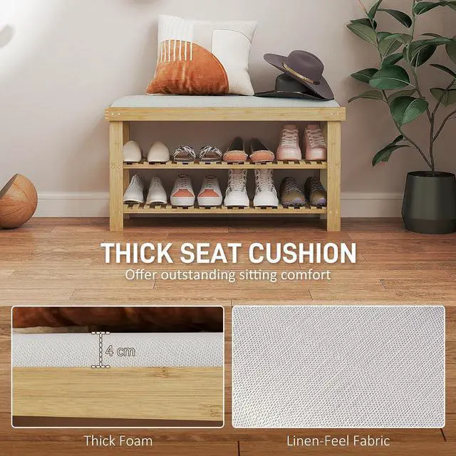 Alt view image 4 of 7 - Small Bamboo Shoe Bench 3-Tier Storage 35.4" x 11.4" x 19.3" Natural | Entryway Bench with Cushion, Shoe Organizer, for Entryway Hallway, Holds Up to 331 lbs