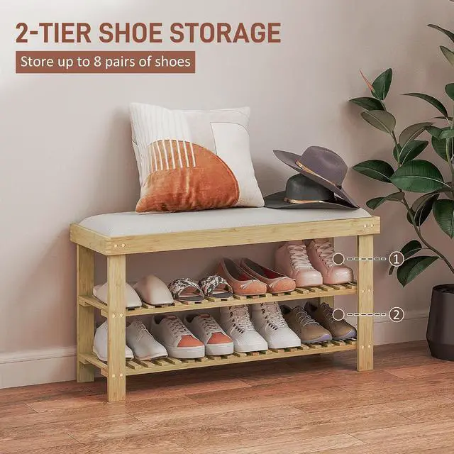 Alt view image 5 of 7 - Small Bamboo Shoe Bench 3-Tier Storage 35.4" x 11.4" x 19.3" Natural | Entryway Bench with Cushion, Shoe Organizer, for Entryway Hallway, Holds Up to 331 lbs