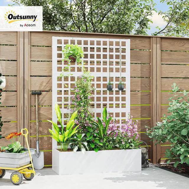 Alt view image 2 of 7 - Galvanized Raised Garden Bedw/Trellis 43"x16"x70", White | Metal Planter Box with Drainage Holes, Outdoor Privacy Screen, Planter with Trellis, Climbing Plants, Vegetable, Vines