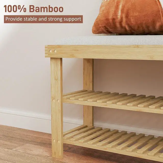 Alt view image 6 of 7 - Small Bamboo Shoe Bench 3-Tier Storage 35.4" x 11.4" x 19.3" Natural | Entryway Bench with Cushion, Shoe Organizer, for Entryway Hallway, Holds Up to 331 lbs