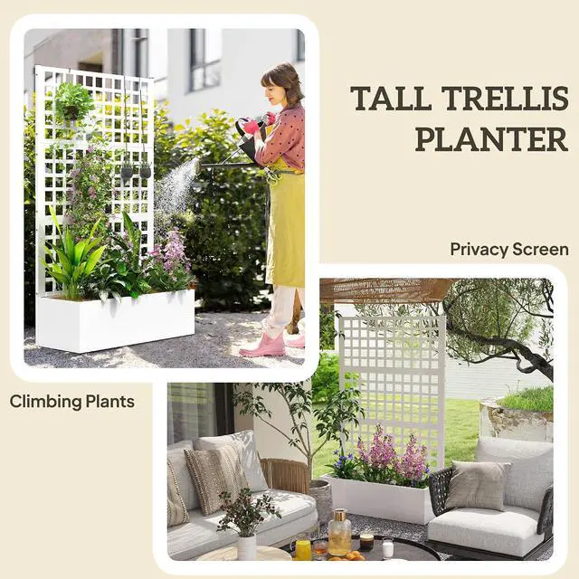 Alt view image 4 of 7 - Galvanized Raised Garden Bedw/Trellis 43"x16"x70", White | Metal Planter Box with Drainage Holes, Outdoor Privacy Screen, Planter with Trellis, Climbing Plants, Vegetable, Vines