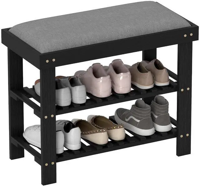 Main image of Small Bamboo Shoe Bench 3-Tier Storage 23.6" x 11.4" x 19.3" Black | Entryway Bench with Cushion, Shoe Organizer, for Entryway Hallway, Holds Up to 331 lbs