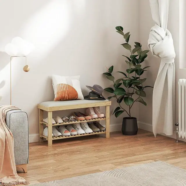 Alt view image 7 of 7 - Small Bamboo Shoe Bench 3-Tier Storage 35.4" x 11.4" x 19.3" Natural | Entryway Bench with Cushion, Shoe Organizer, for Entryway Hallway, Holds Up to 331 lbs
