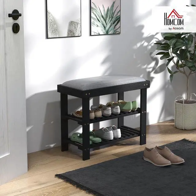 Alt view image 2 of 7 - Small Bamboo Shoe Bench 3-Tier Storage 23.6" x 11.4" x 19.3" Black | Entryway Bench with Cushion, Shoe Organizer, for Entryway Hallway, Holds Up to 331 lbs