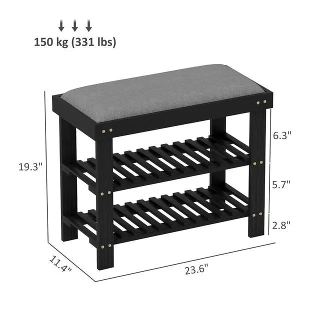 Alt view image 3 of 7 - Small Bamboo Shoe Bench 3-Tier Storage 23.6" x 11.4" x 19.3" Black | Entryway Bench with Cushion, Shoe Organizer, for Entryway Hallway, Holds Up to 331 lbs