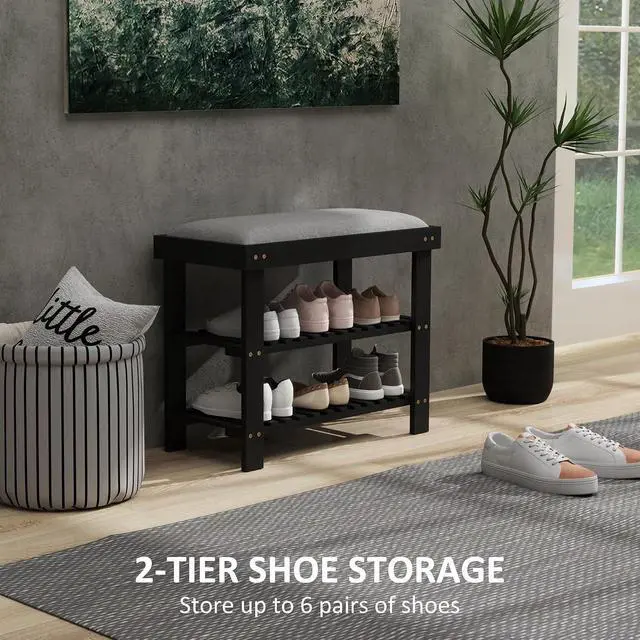 Alt view image 5 of 7 - Small Bamboo Shoe Bench 3-Tier Storage 23.6" x 11.4" x 19.3" Black | Entryway Bench with Cushion, Shoe Organizer, for Entryway Hallway, Holds Up to 331 lbs