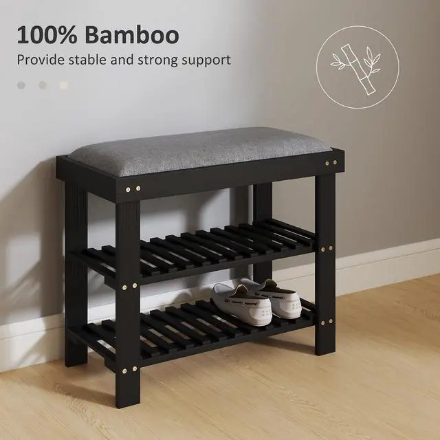 Alt view image 6 of 7 - Small Bamboo Shoe Bench 3-Tier Storage 23.6" x 11.4" x 19.3" Black | Entryway Bench with Cushion, Shoe Organizer, for Entryway Hallway, Holds Up to 331 lbs