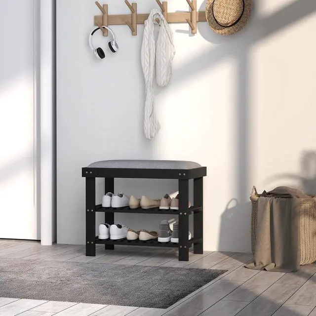 Alt view image 7 of 7 - Small Bamboo Shoe Bench 3-Tier Storage 23.6" x 11.4" x 19.3" Black | Entryway Bench with Cushion, Shoe Organizer, for Entryway Hallway, Holds Up to 331 lbs