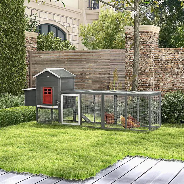 Alt view image 2 of 7 - PawHut 118" Extra Large Chicken Coop Asphalt Roof for 3-6 Chickens Gray | Wooden Hen Run, Slide-Out Tray, Nesting Box, Hen Hutch