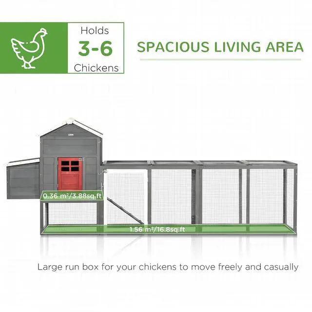 Alt view image 3 of 7 - PawHut 118" Extra Large Chicken Coop Asphalt Roof for 3-6 Chickens Gray | Wooden Hen Run, Slide-Out Tray, Nesting Box, Hen Hutch