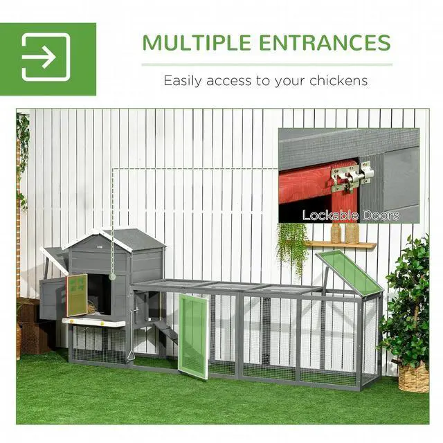 Alt view image 4 of 7 - PawHut 118" Extra Large Chicken Coop Asphalt Roof for 3-6 Chickens Gray | Wooden Hen Run, Slide-Out Tray, Nesting Box, Hen Hutch