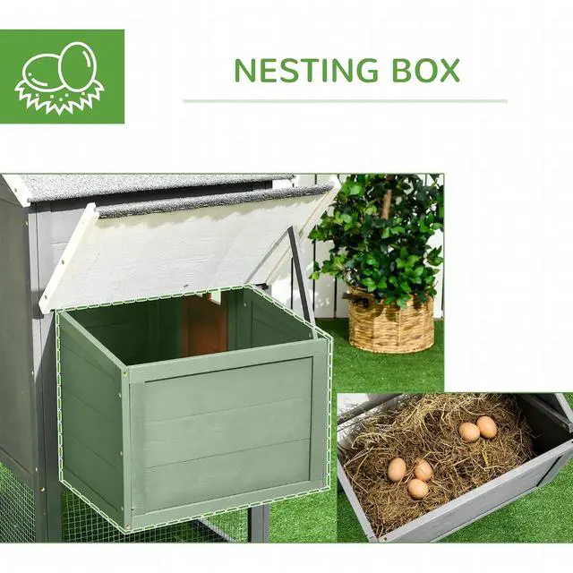 Alt view image 5 of 7 - PawHut 118" Extra Large Chicken Coop Asphalt Roof for 3-6 Chickens Gray | Wooden Hen Run, Slide-Out Tray, Nesting Box, Hen Hutch