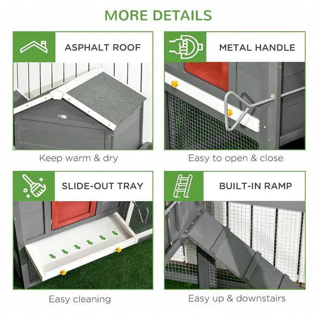 Alt view image 6 of 7 - PawHut 118" Extra Large Chicken Coop Asphalt Roof for 3-6 Chickens Gray | Wooden Hen Run, Slide-Out Tray, Nesting Box, Hen Hutch